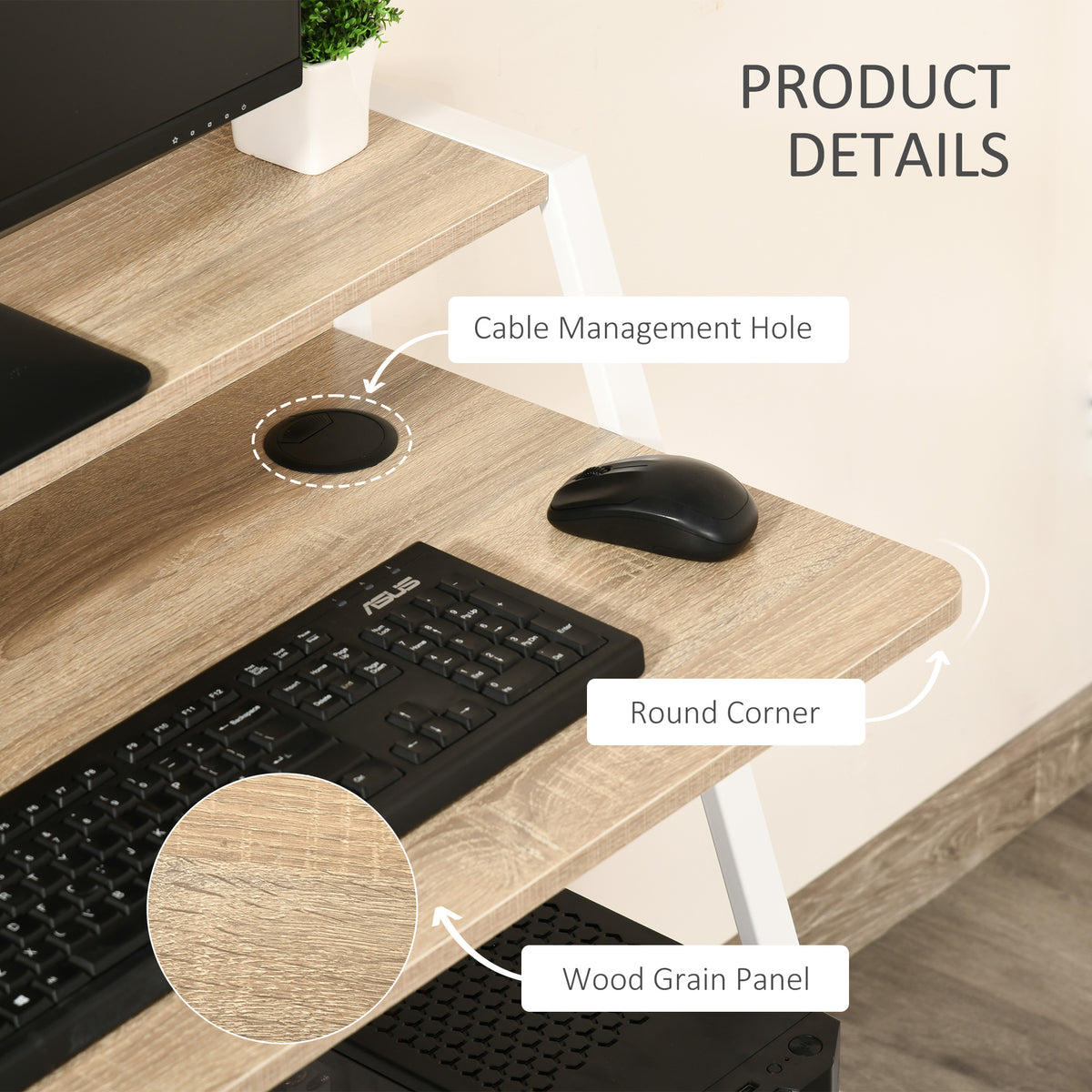 Oak-look desk surface with rounded corner and cable management hole