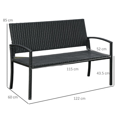 Black rattan garden bench with dimensions marked: 122 cm wide, 60 cm deep, 85 cm high