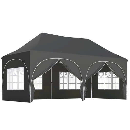 Photo of Outsunny 3 x 6m Pop Up Gazebo Shelter with Sides, 6 Sandbags, Peak Top Garden Party Tent Marquee with Carry Bag, Dark Grey in Grey colour on a white background