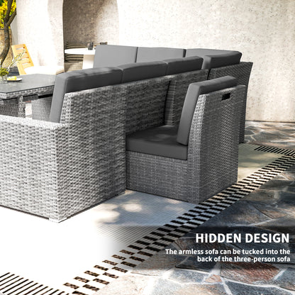 Rattan armchair tucks into the back of the three-seat sofa
