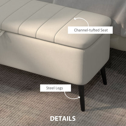 Close-up of the ottoman's channel-tufted seat and black steel legs