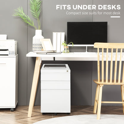 Compact white three-drawer filing cabinet positioned under a desk.