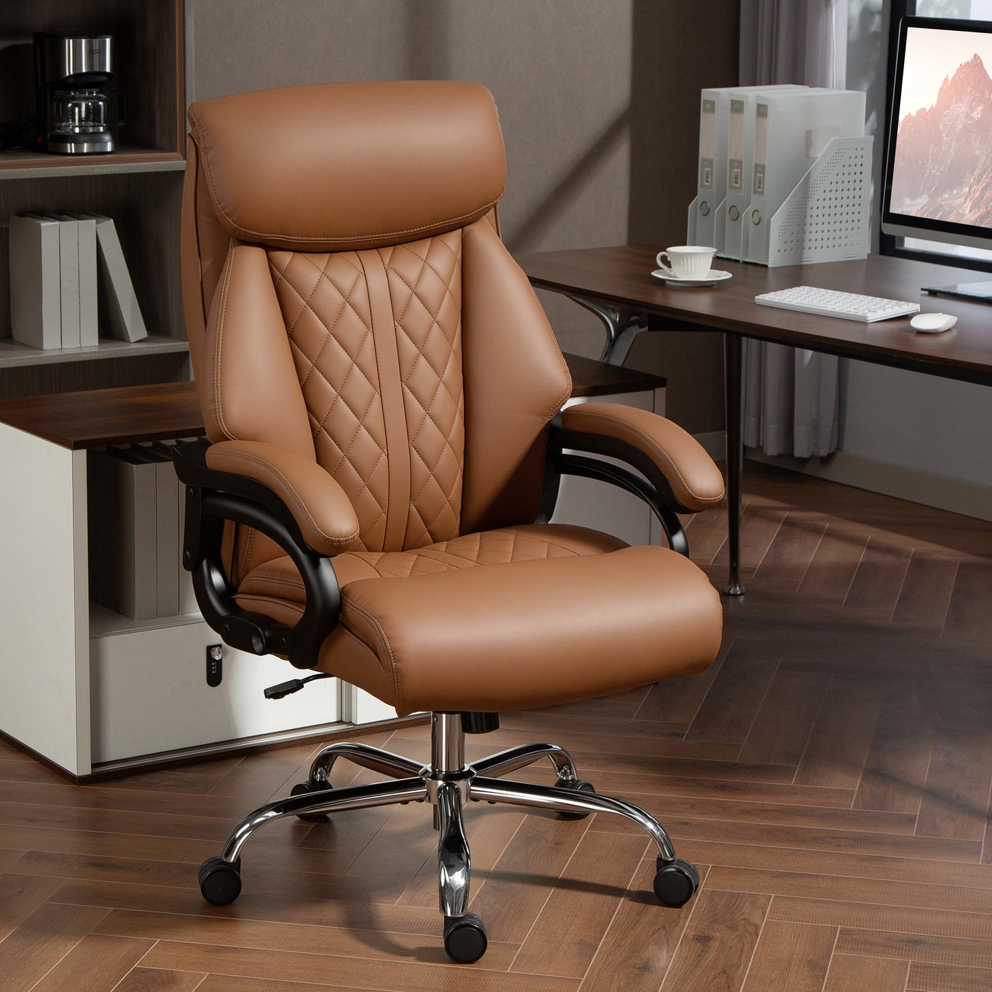 HOMCOM Spring Padded Faux Leather Office Chair with Super Padded, Reclining Office Chair - Light Brown