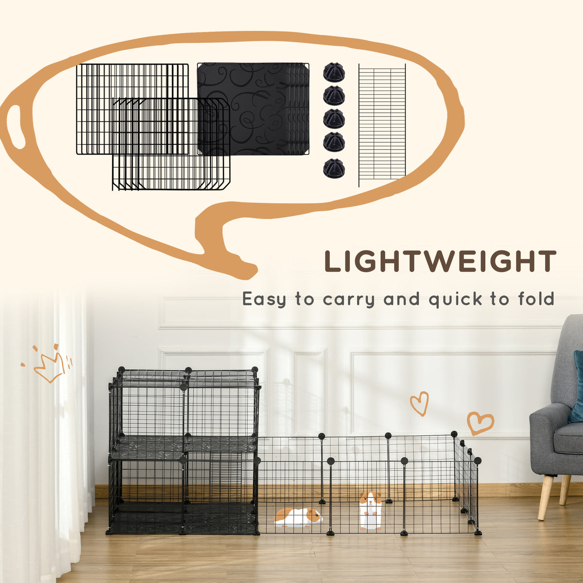 Black metal mesh pet playpen shown folded and in a long, lightweight configuration.