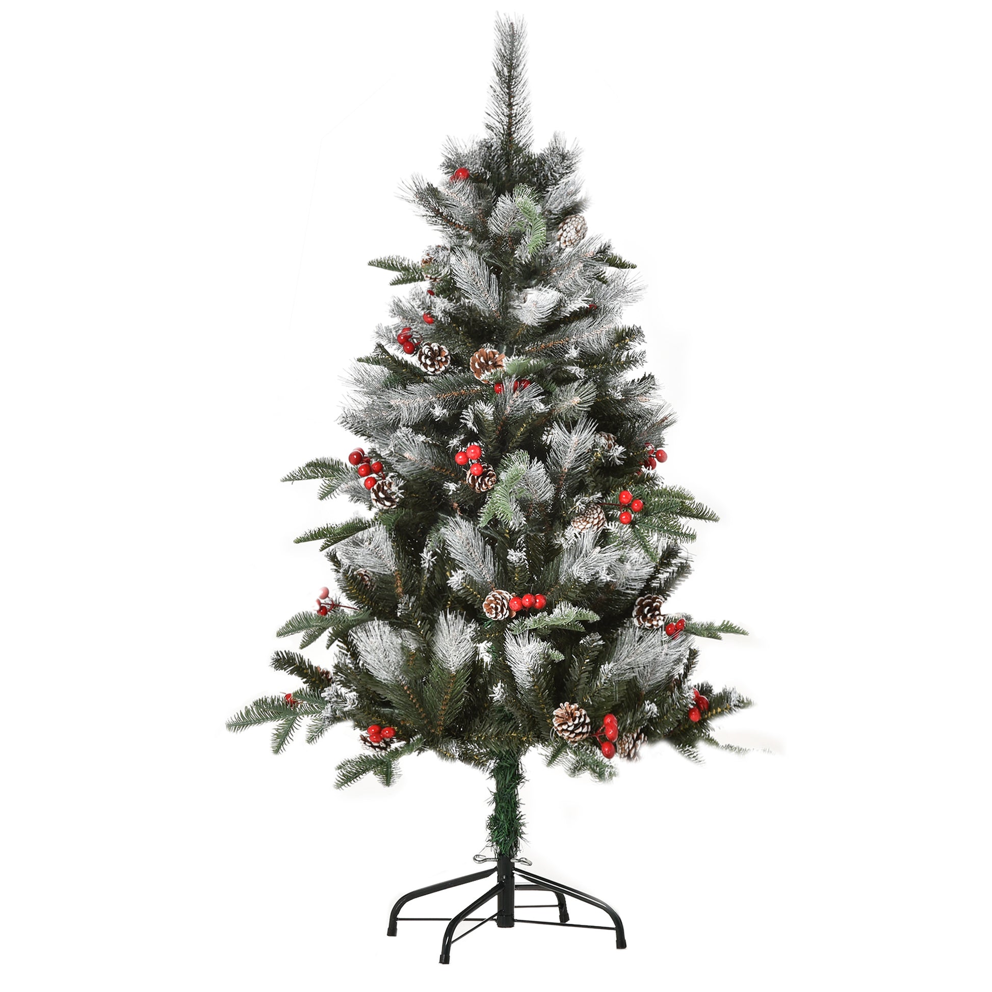 Photo of HOMCOM 4FT Artificial Snow Dipped Christmas Tree Xmas Pencil Tree Holiday Home Party Decoration with Foldable Feet Red Berries White Pinecones, Green in Green colour on a white background