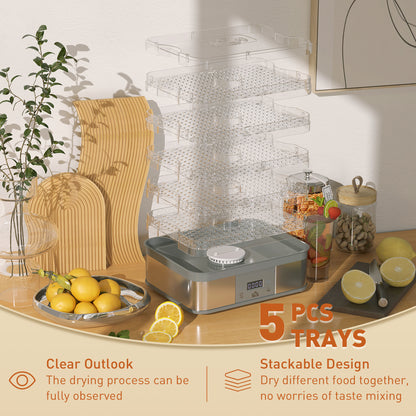 HOMCOM food dehydrator with five clear trays stacked above its stainless steel base