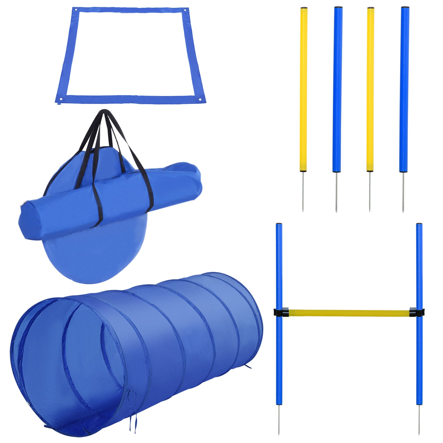 Photo of PawHut Pet Agility Training Equipment Dog Play Run Jump Obedience Training Set Adjustable (Poles + Hurdle + Tunnel + Pause Box) in Box) colour on a white background
