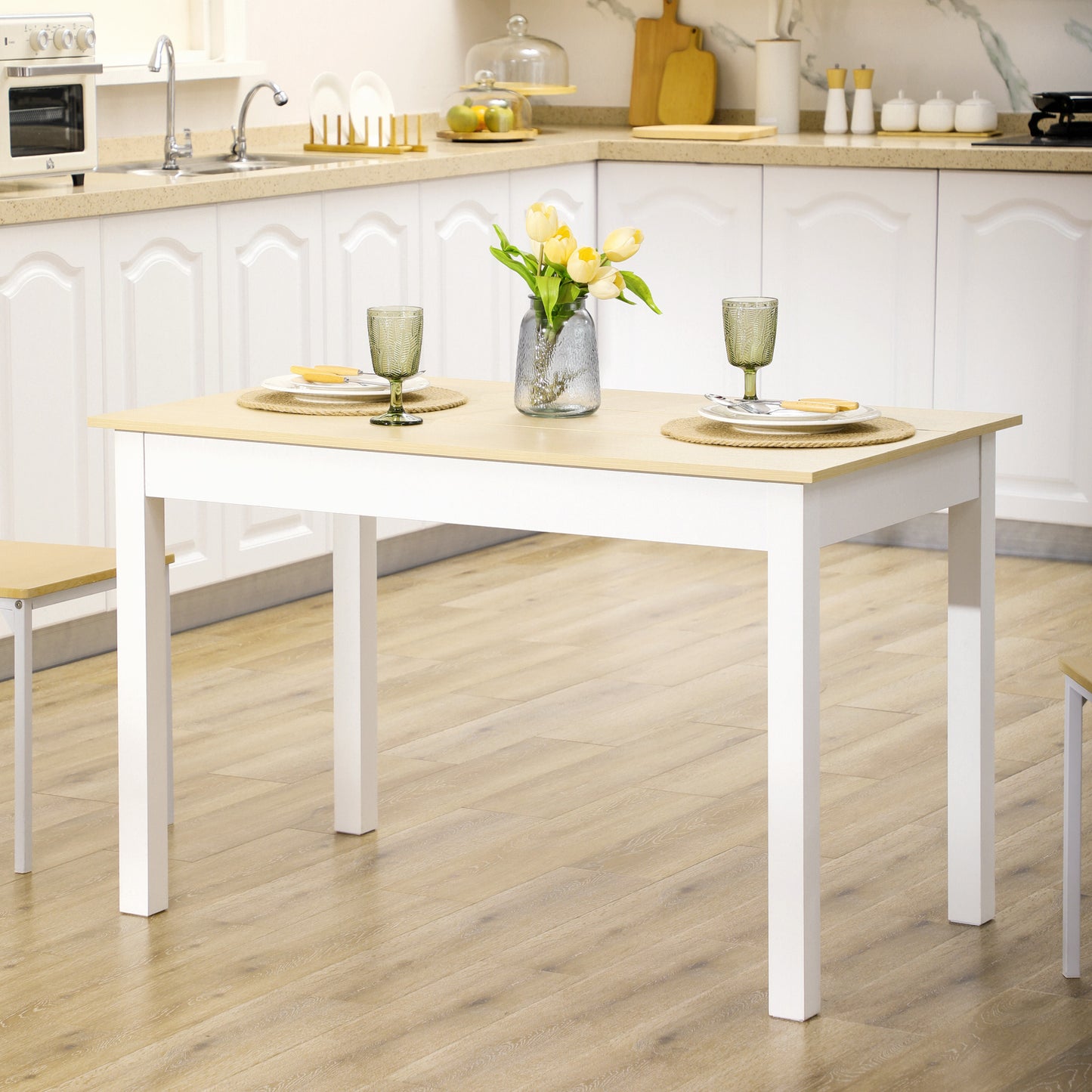 HOMCOM Dining Table for 4 to 6, Modern Kitchen Table with Wood Effect Tabletop, Thick Legs, 120L x 70W x 75Hcm, for Dining Room, Kitchen, Living Room, Oak