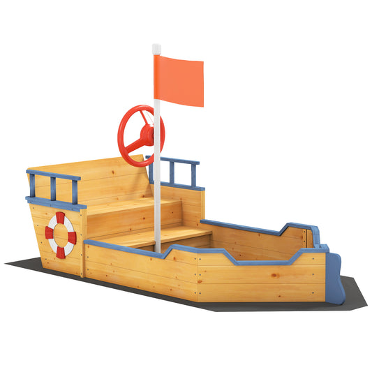 Photo of Outsunny Kids Sand Pit, Children Pirate Ship Sandbox with Bench, Bottom Liner, Seat, Natural Wood Tone in Tone colour on a white background