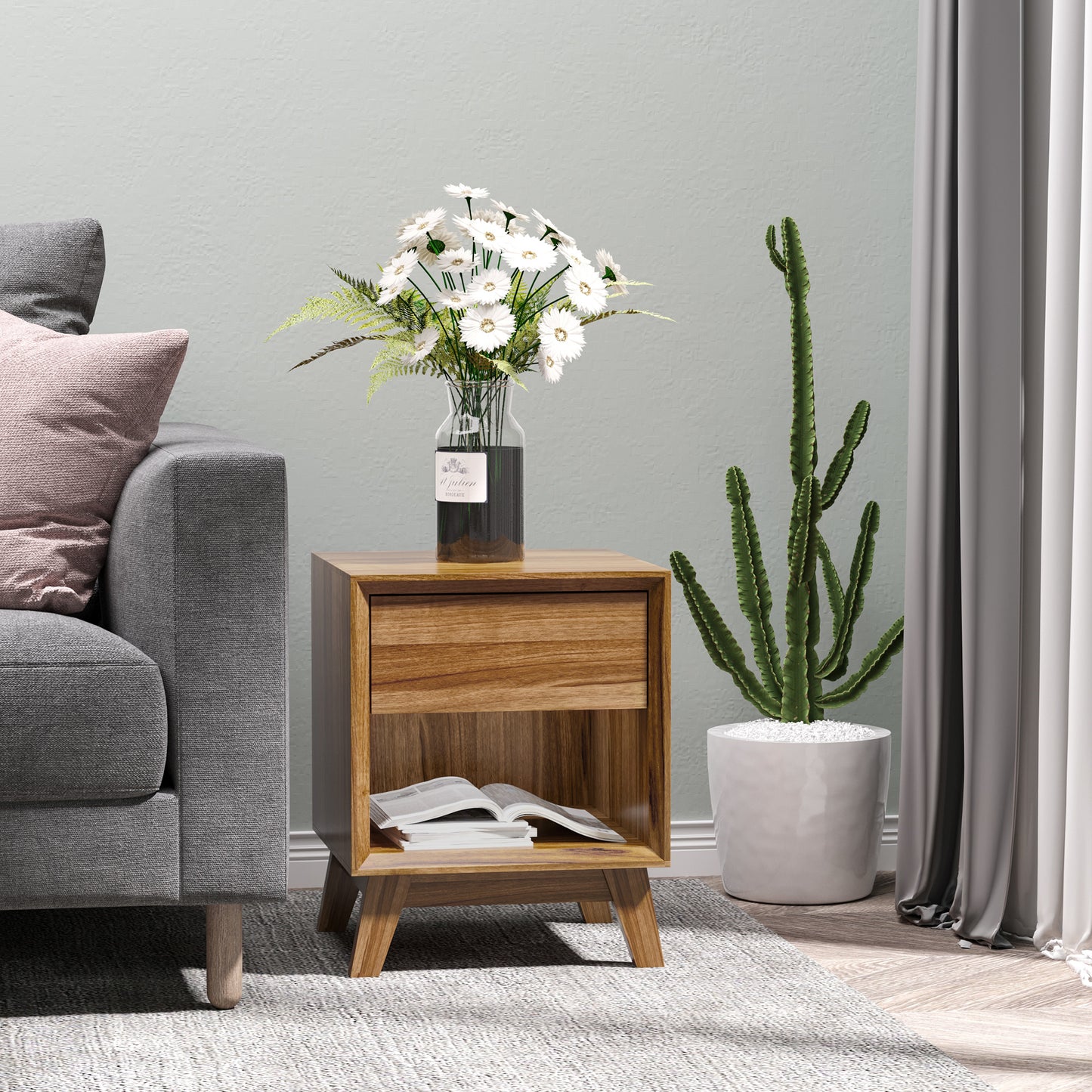 HOMCOM Modern Bedside Table Nightstand, Living Room End Table, Side Table with Drawer and Shelf, Walnut Brown