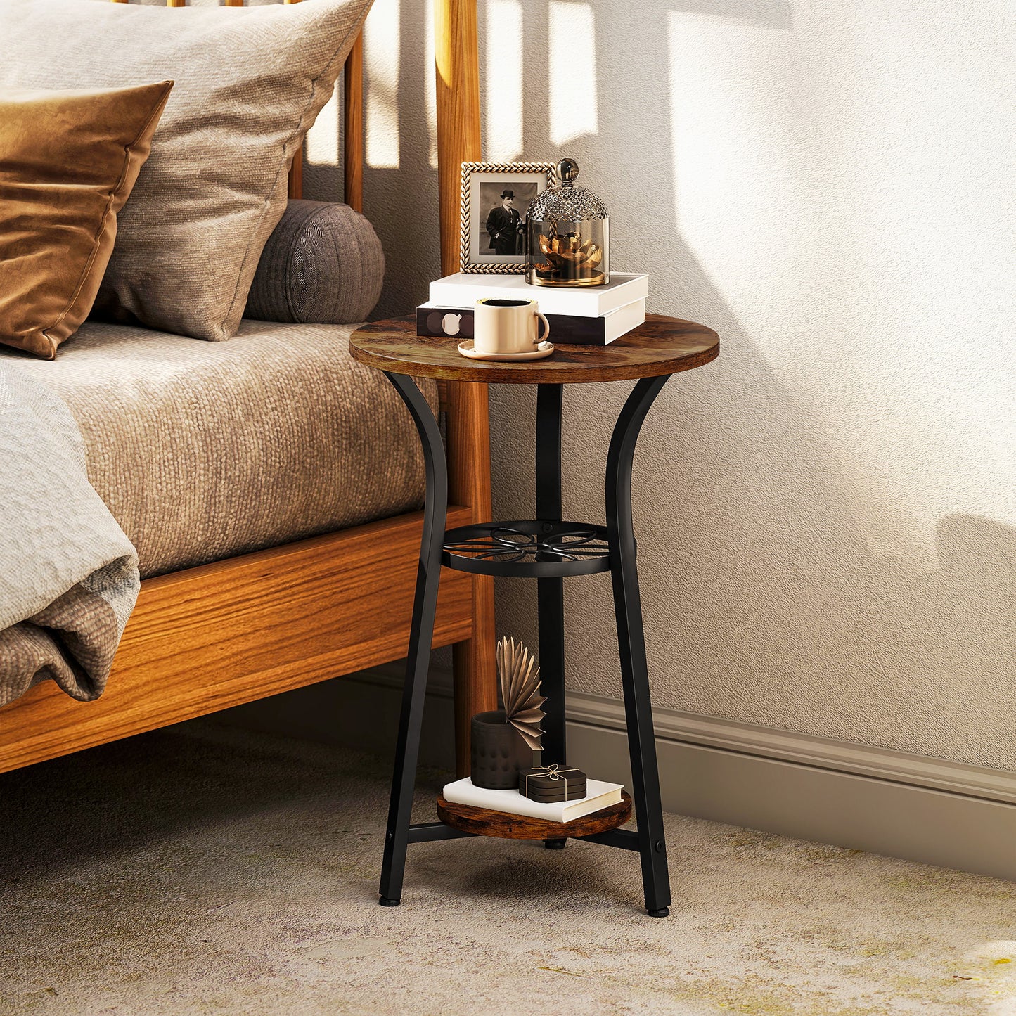 HOMCOM Small Round Side Table with 3 Storage Shelves - Rustic Brown
