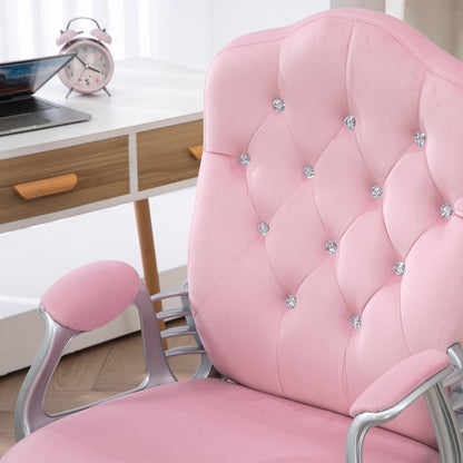 Detail of pink tufted chair back, padded seat, and chrome armrests