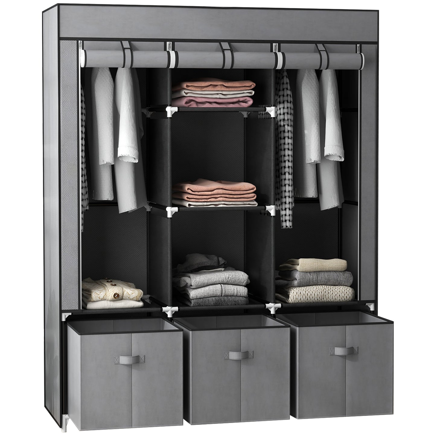 Photo of HOMCOM Foldable Fabric Wardrobe for Bedroom, Portable Wardrobe with 5 Shelves, 2 Hanging Rails and 3 Fabric Drawers, Dark Grey in Grey colour on a white background