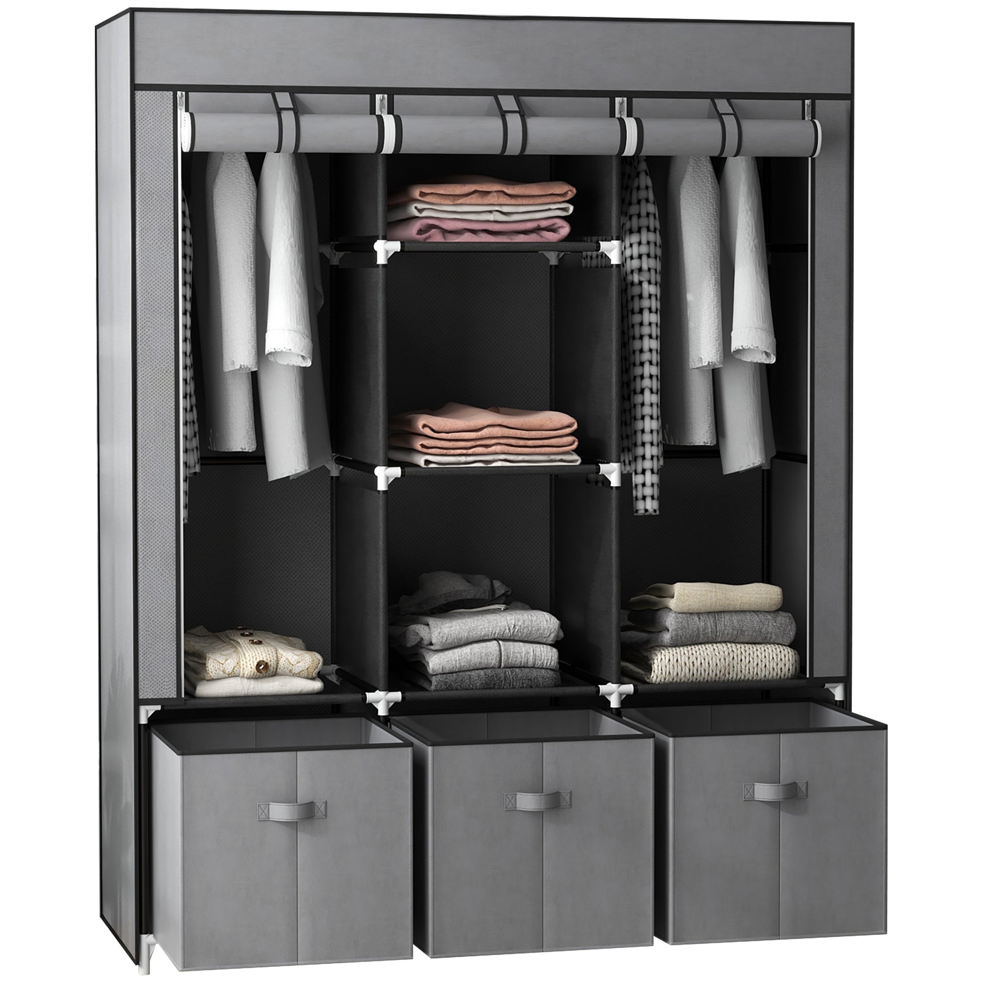 Photo of HOMCOM Foldable Fabric Wardrobe for Bedroom, Portable Wardrobe with 5 Shelves, 2 Hanging Rails and 3 Fabric Drawers, Dark Grey in Grey colour on a white background