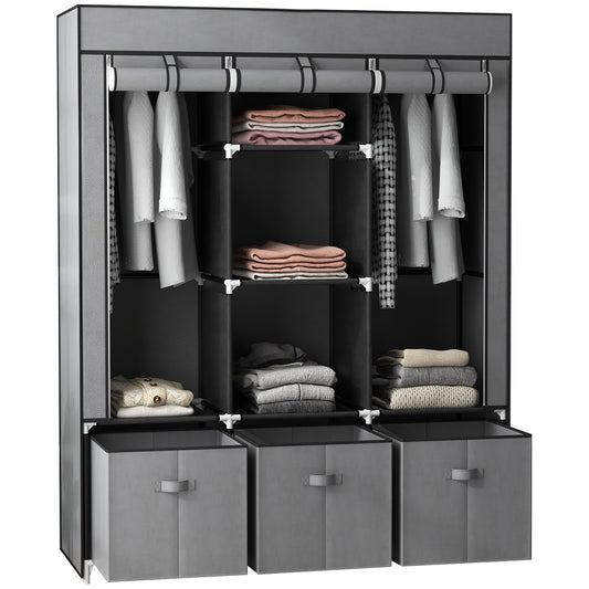 Photo of HOMCOM Foldable Fabric Wardrobe for Bedroom, Portable Wardrobe with 5 Shelves, 2 Hanging Rails and 3 Fabric Drawers, Dark Grey in Grey colour on a white background