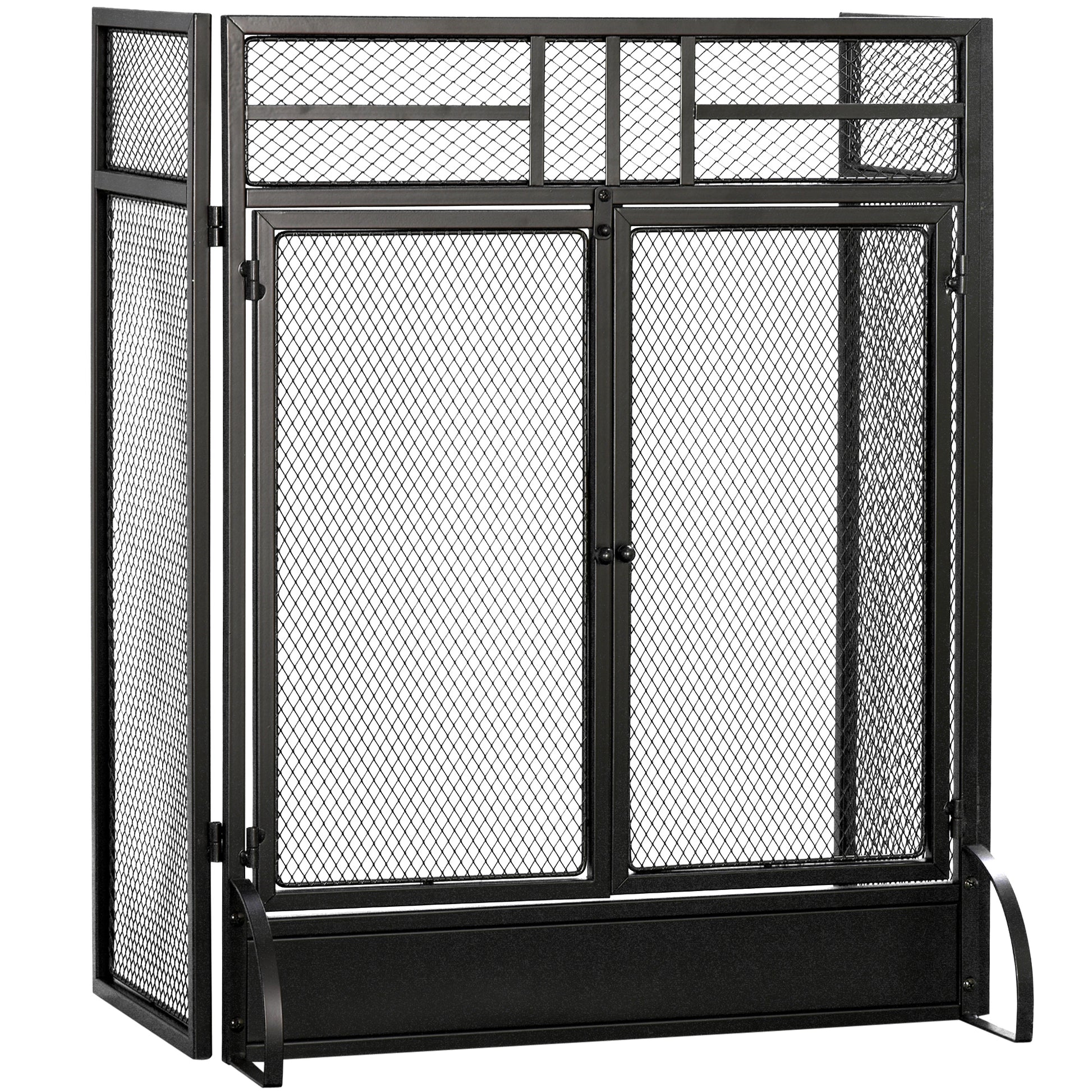 Photo of HOMCOM 3-Panel Folding Fireplace Screen with Door, Freestanding Spark Guard, Metal Mesh Fireguard, Black in Black colour on a white background