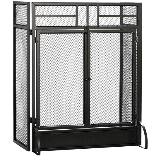 Photo of HOMCOM 3-Panel Folding Fireplace Screen with Door, Freestanding Spark Guard, Metal Mesh Fireguard, Black in Black colour on a white background