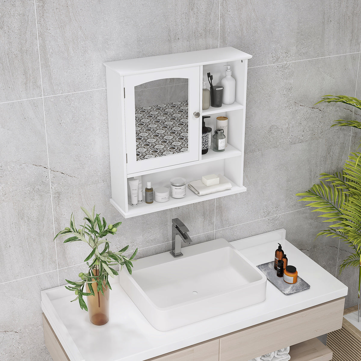White mirrored bathroom cabinet mounted above a sink, with open shelves