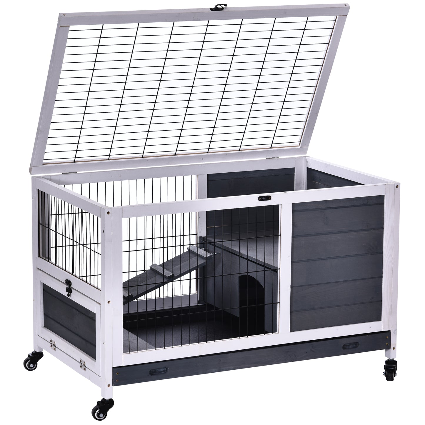 Photo of PawHut Wooden Guinea Pig Hutch, 2-Floor Bunny Cage w/ Enclosed Run Area, Grey in Grey colour on a white background