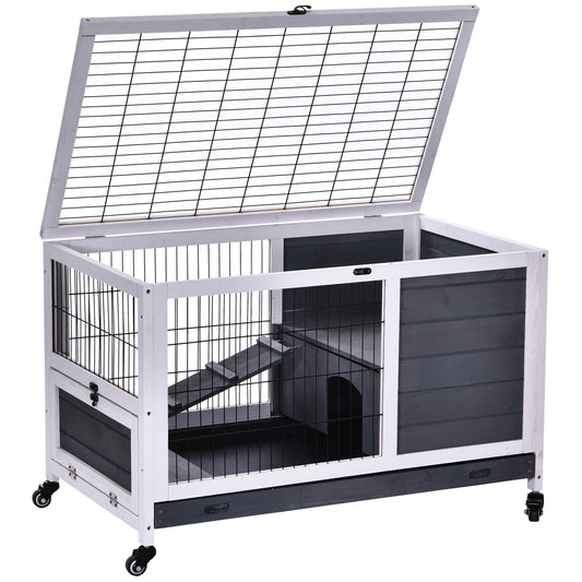 Photo of PawHut Wooden Guinea Pig Hutch, 2-Floor Bunny Cage w/ Enclosed Run Area, Grey in Grey colour on a white background