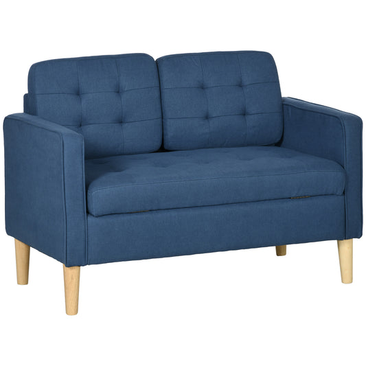 Photo of HOMCOM Modern Loveseat Sofa, Compact 2 Seater Sofa with Hidden Storage, 117cm Tufted Cotton Couch with Wood Legs, Blue in Blue colour on a white background