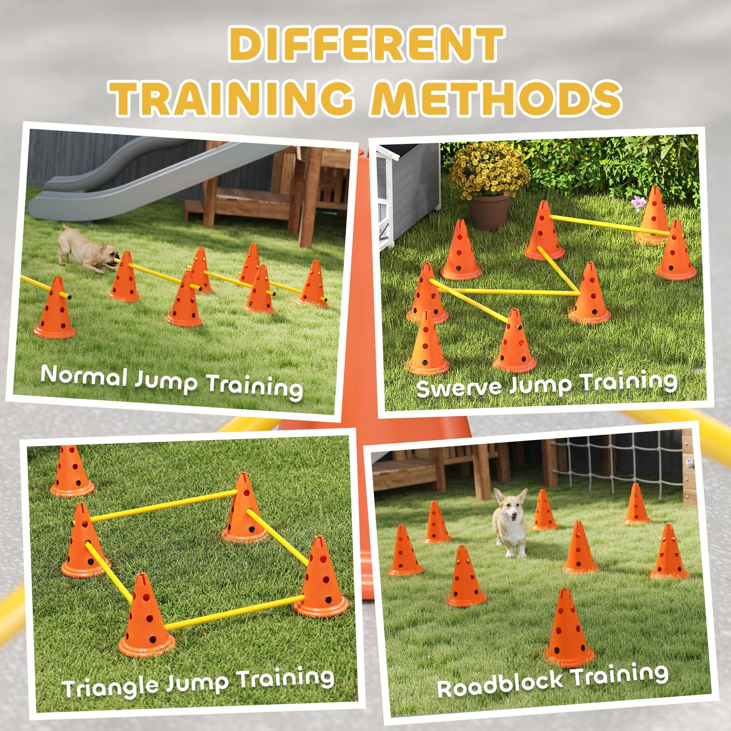 PawHut Dog Agility Equipment Set of Eight Cones, Eight Poles w/ Carry Bag, Four-Piece Adjustable Height Jumping Obstacles