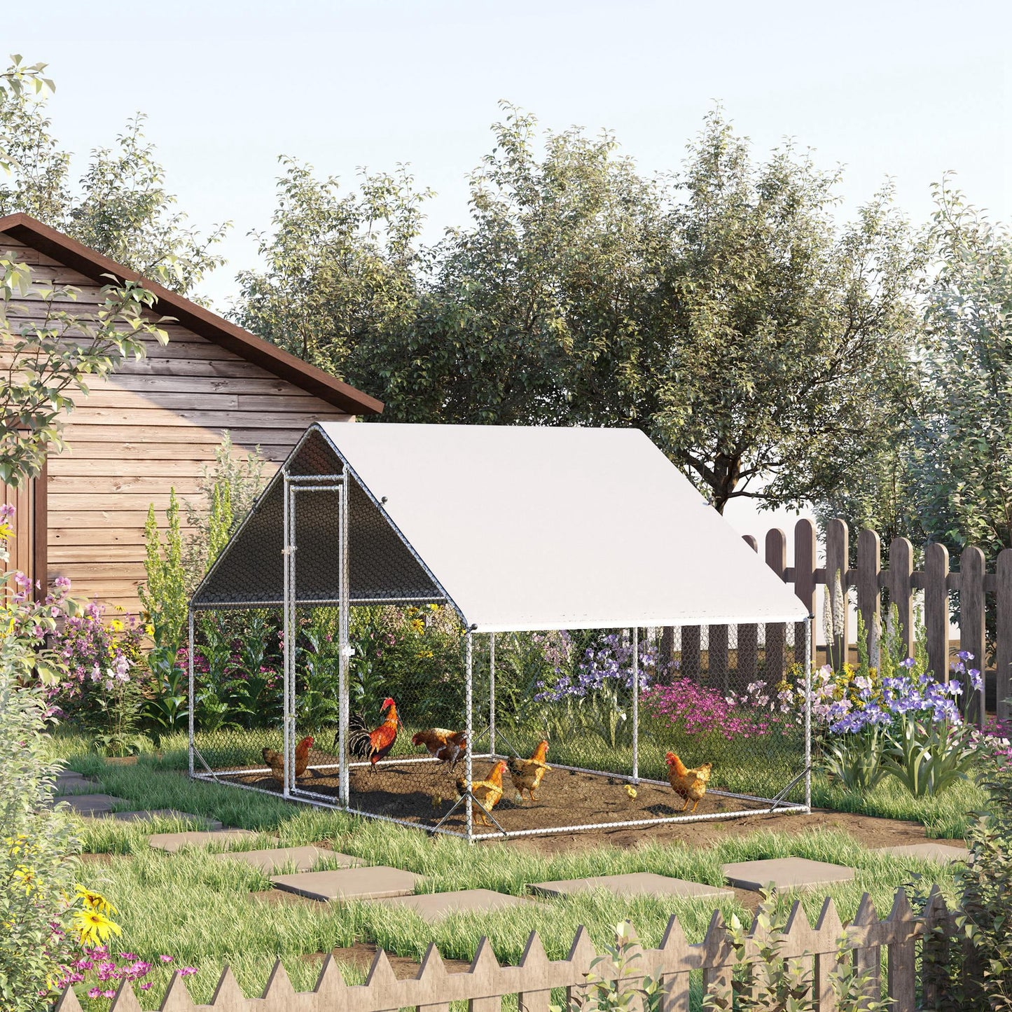 PawHut Chicken Run Galvanised 3 x 2 x 2m Walk-in Chicken Coop Hen Poultry House Cage with Water-Resist Cover, Silver