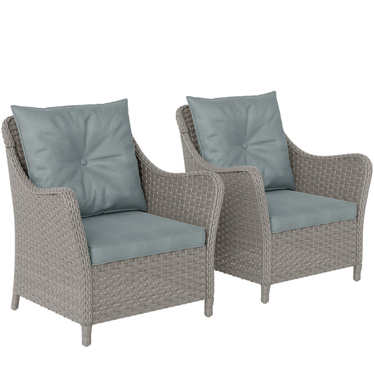 Photo of Outsunny Rattan Garden Chairs Set of 2, Outdoor Rattan Chairs with Cushions, Armrests and High Back, PE Wicker Garden Armchair with Steel Frame for Balcony, Porch, Light Grey in Grey colour on a white background