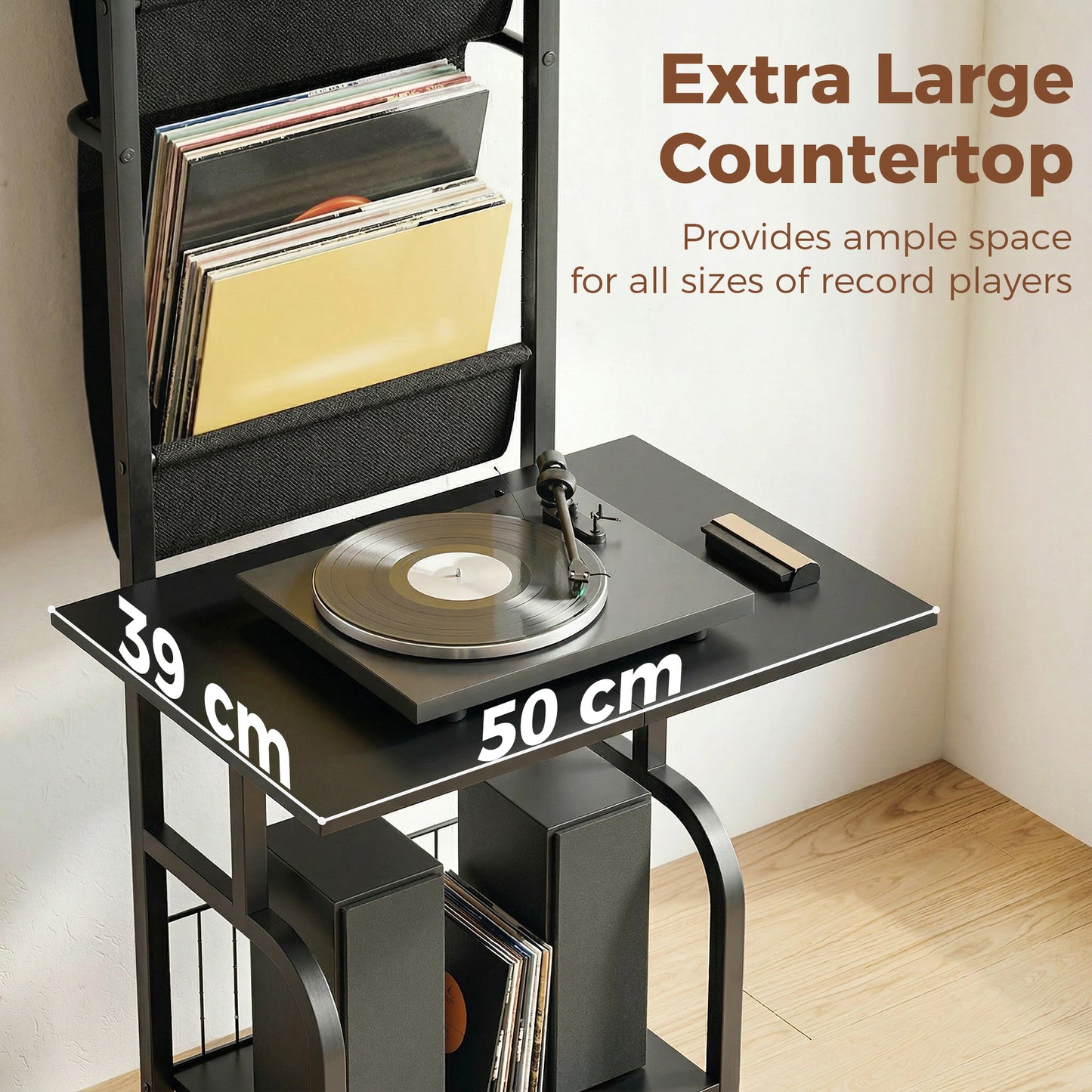 HOMCOM Vinyl Record Player Stand Record Storage with Player Stand Oxford Fabric Pockets Bottom Shelf, Black
