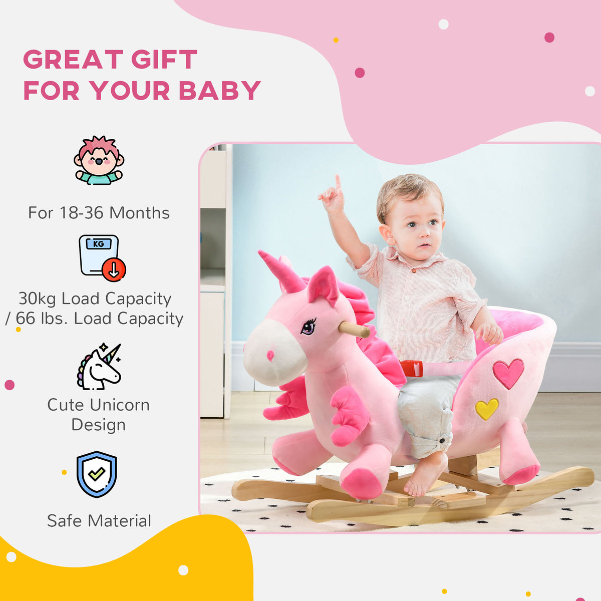 Pink unicorn rocking toy with a child seated in its safety belt