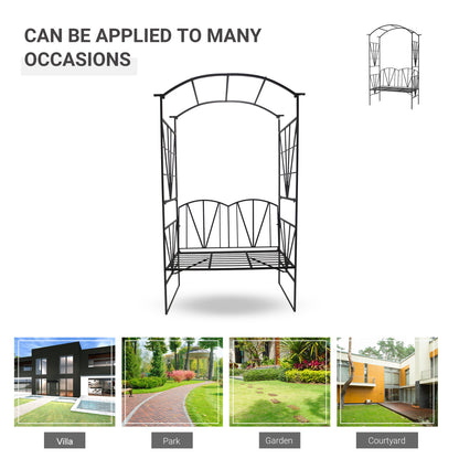 Front view of black metal garden bench with arch for patios and gardens