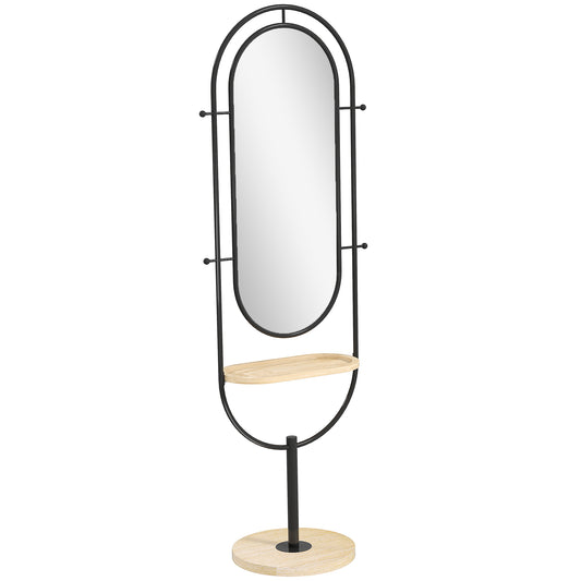 Photo of HOMCOM Oval Full Length Mirror with Wooden Tray and 4 Hooks - Black in Black colour on a white background