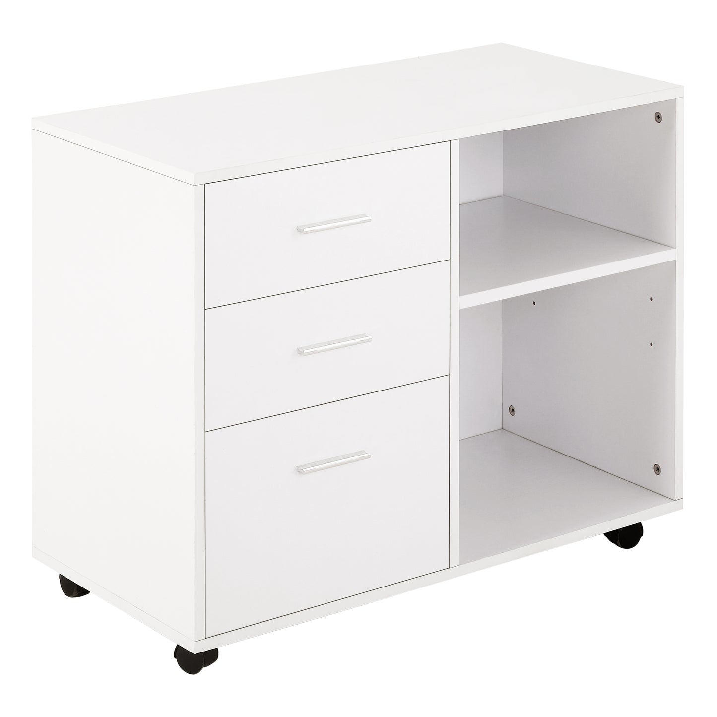 Photo of HOMCOM Freestanding Printer Stand Unit Office Desk Side Mobile Storage w/ Wheels 3 Drawers, 2 Open Shelves Modern Style 80L x 40W x 65H cm - White in White colour on a white background