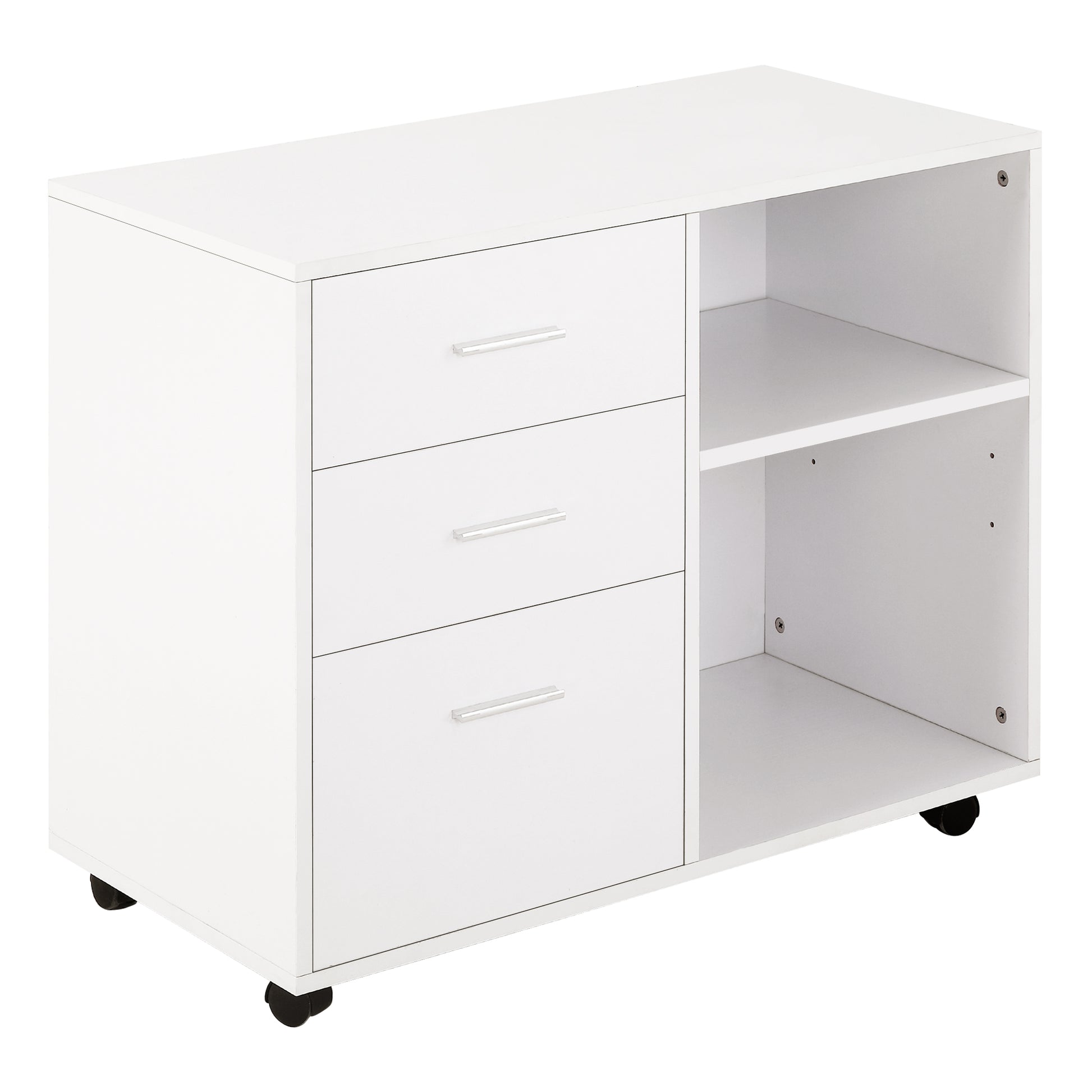 Photo of HOMCOM Freestanding Printer Stand Unit Office Desk Side Mobile Storage w/ Wheels 3 Drawers, 2 Open Shelves Modern Style 80L x 40W x 65H cm - White in White colour on a white background