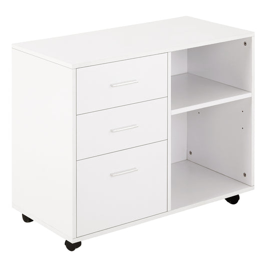 Photo of HOMCOM Freestanding Printer Stand Unit Office Desk Side Mobile Storage w/ Wheels 3 Drawers, 2 Open Shelves Modern Style 80L x 40W x 65H cm - White in White colour on a white background