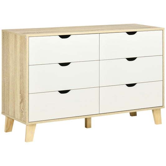 Photo of HOMCOM Bedroom Chest of Drawers, Wide 6-Drawer Dresser, Storage Drawer Unit with Wood Legs for Living Room, White and Light Brown in Brown colour on a white background