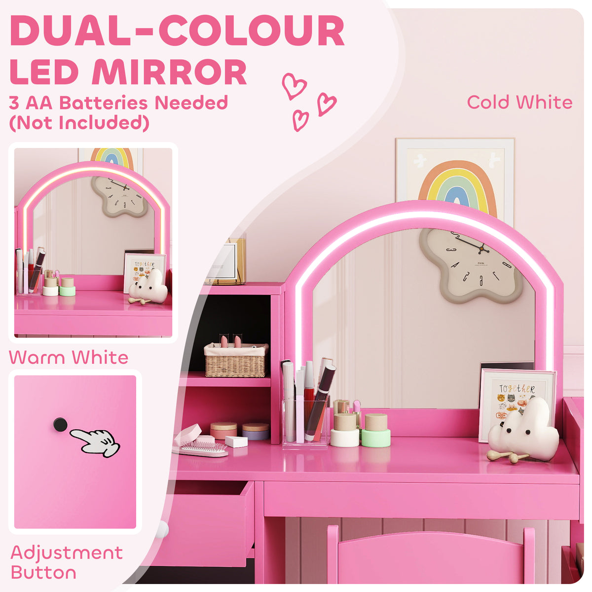 AIYAPLAY Kids Vanity Table and Chair Set, Girls Dressing Table with 2-Colour LED Mirror, Stool, Cabinet, Drawer, Shelves, Pink