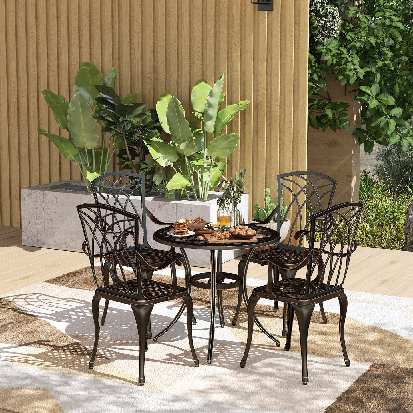 Outsunny 5 Pieces Garden Dining Set for 4, Cast Aluminium Outdoor Dining Set with 4 Armchairs and Round Dining Table with Parasol Hole, Garden Furniture Bistro Set, Bronze Tone