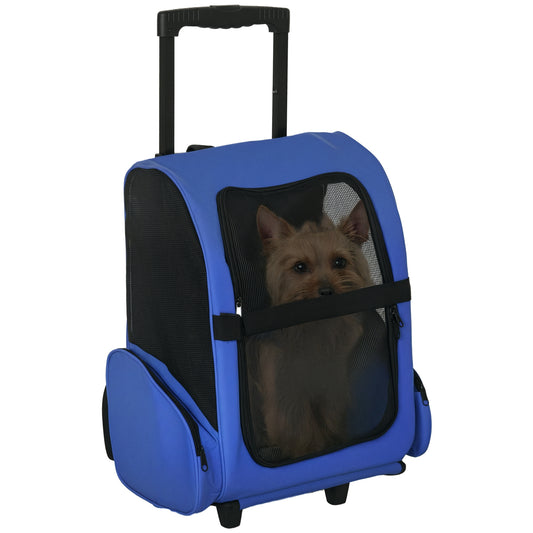 Photo of PawHut 2 in 1 Dog Backpack and Trolley, Pet Travel Backpack Cat Dog Carrier with Telescopic Handle, Portable Pet Stroller Wheel Luggage Bag (Blue) in (Blue) colour on a white background