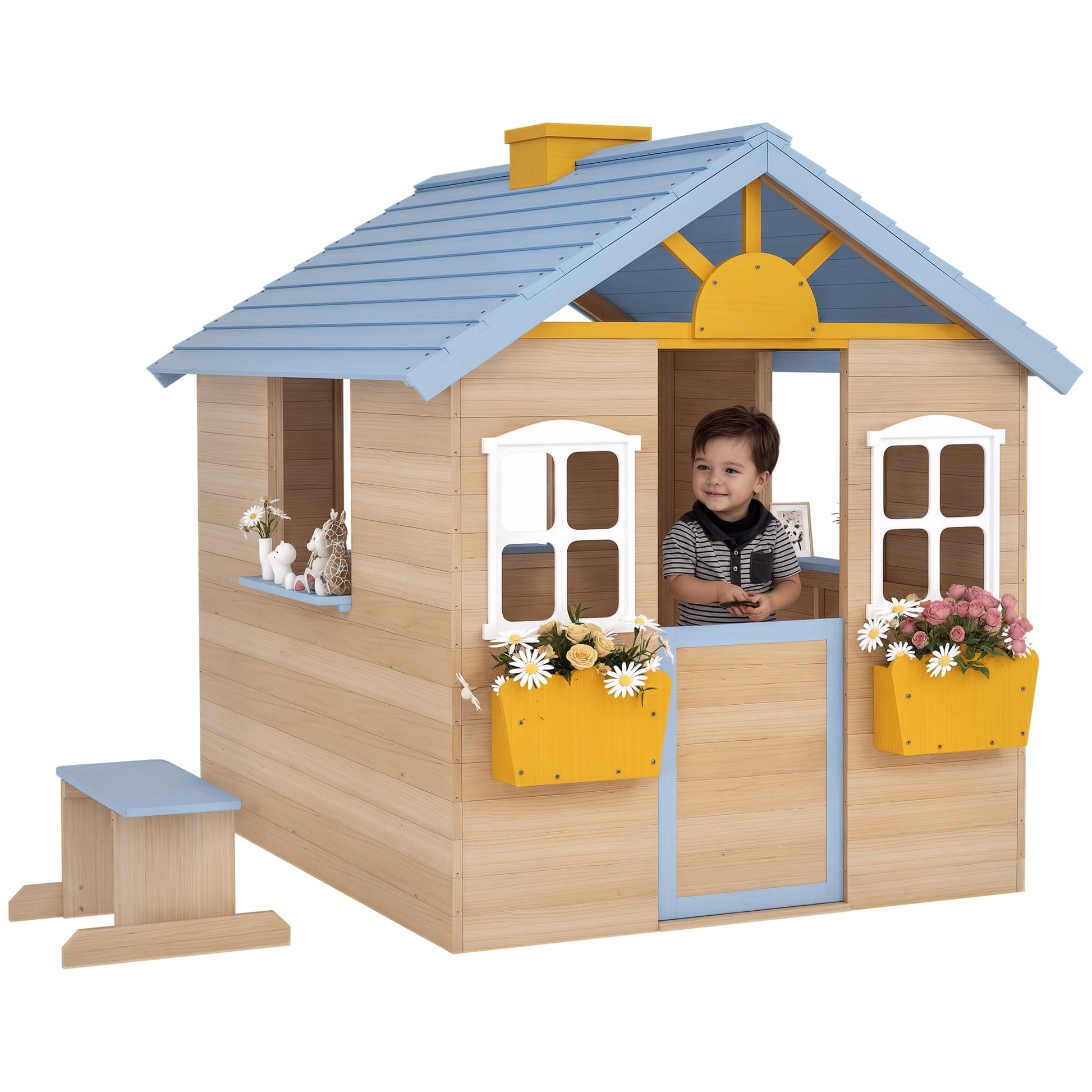Photo of Outsunny Wooden Playhouse, Wendy House with Door, Bench, Flowerpot Holder, for Ages 3-7 Years, Blue in Blue colour on a white background
