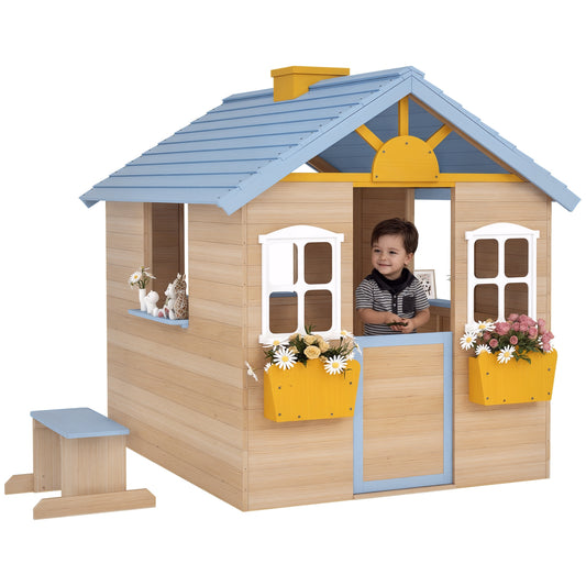 Photo of Outsunny Wooden Playhouse, Wendy House with Door, Bench, Flowerpot Holder, for Ages 3-7 Years, Blue in Blue colour on a white background