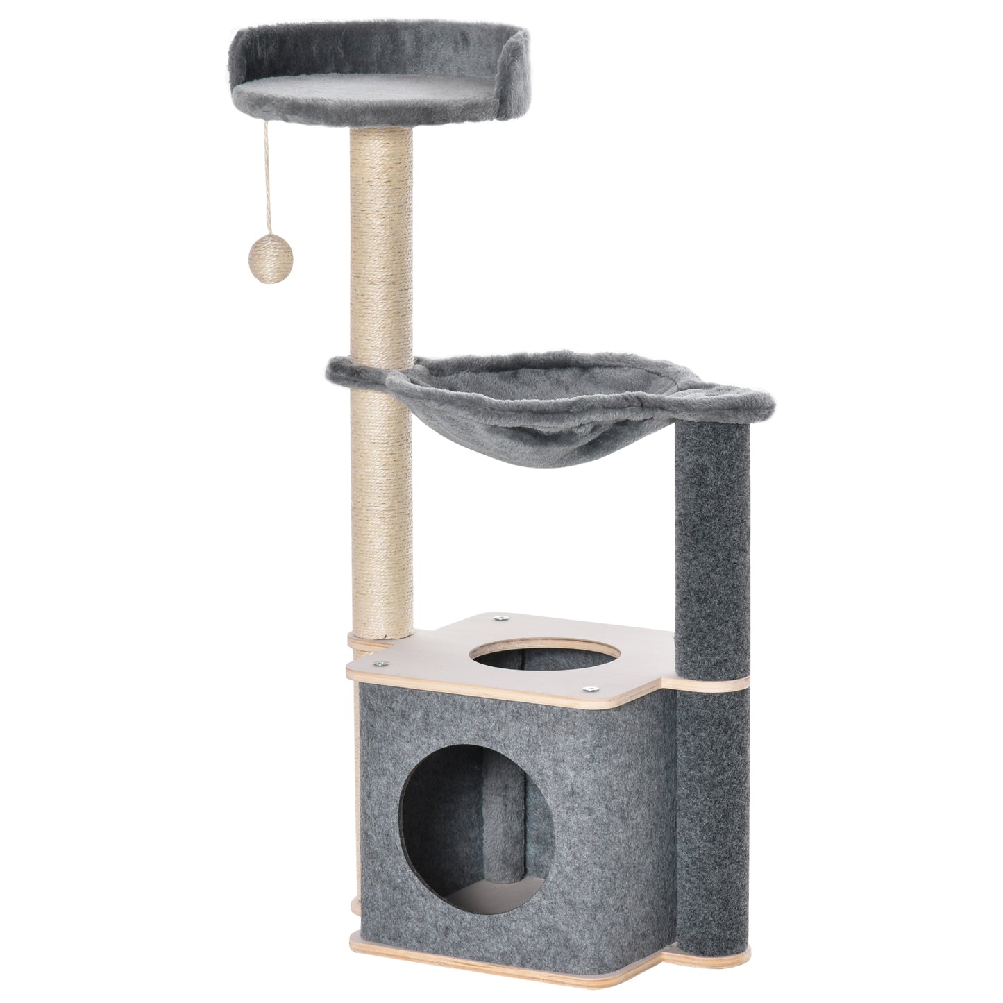 Photo of PawHut Cat Tree for Indoor Cats 95cm Climbing Tower Kitten Activity Center with Sisal Scratching Post Perch Roomy Condo Hammock Removable Felt Hanging Toy, Grey in Grey colour on a white background