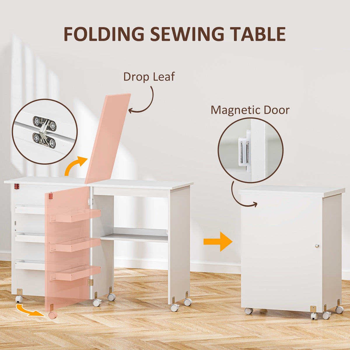 HOMCOM Folding Sewing Table, Drop Leaf Craft Table with Storage Bins, Open Shelf and Wheels, Rolling Sewing Machine Cabinet Computer Desk for Small Space, White