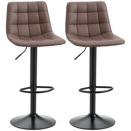 Pair of brown tufted swivel bar stools with black adjustable pedestal bases and footrests.
