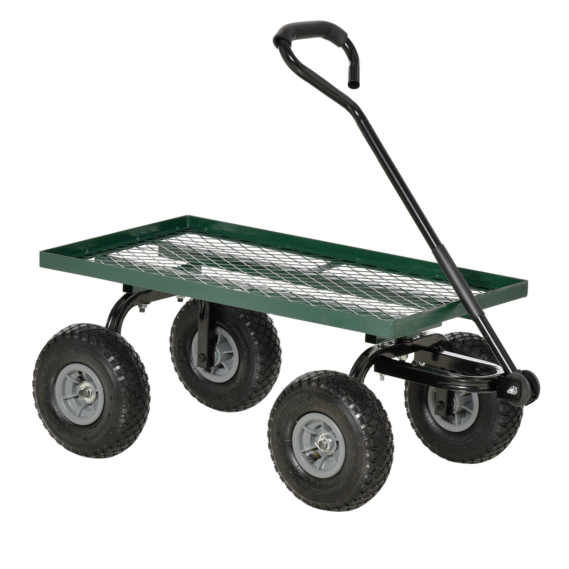 Photo of Outsunny Garden Trolley Cart, Heavy Duty Garden Cart with Metal Frame, 10" Pneumatic Wheels, Rotating Handle, 150kg Capacity, for Garden, Farm, Green in Green colour on a white background