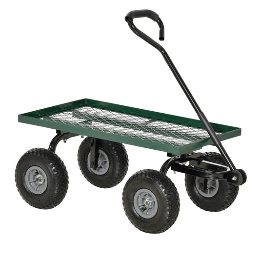 Photo of Outsunny Garden Trolley Cart, Heavy Duty Garden Cart with Metal Frame, 10" Pneumatic Wheels, Rotating Handle, 150kg Capacity, for Garden, Farm, Green in Green colour on a white background