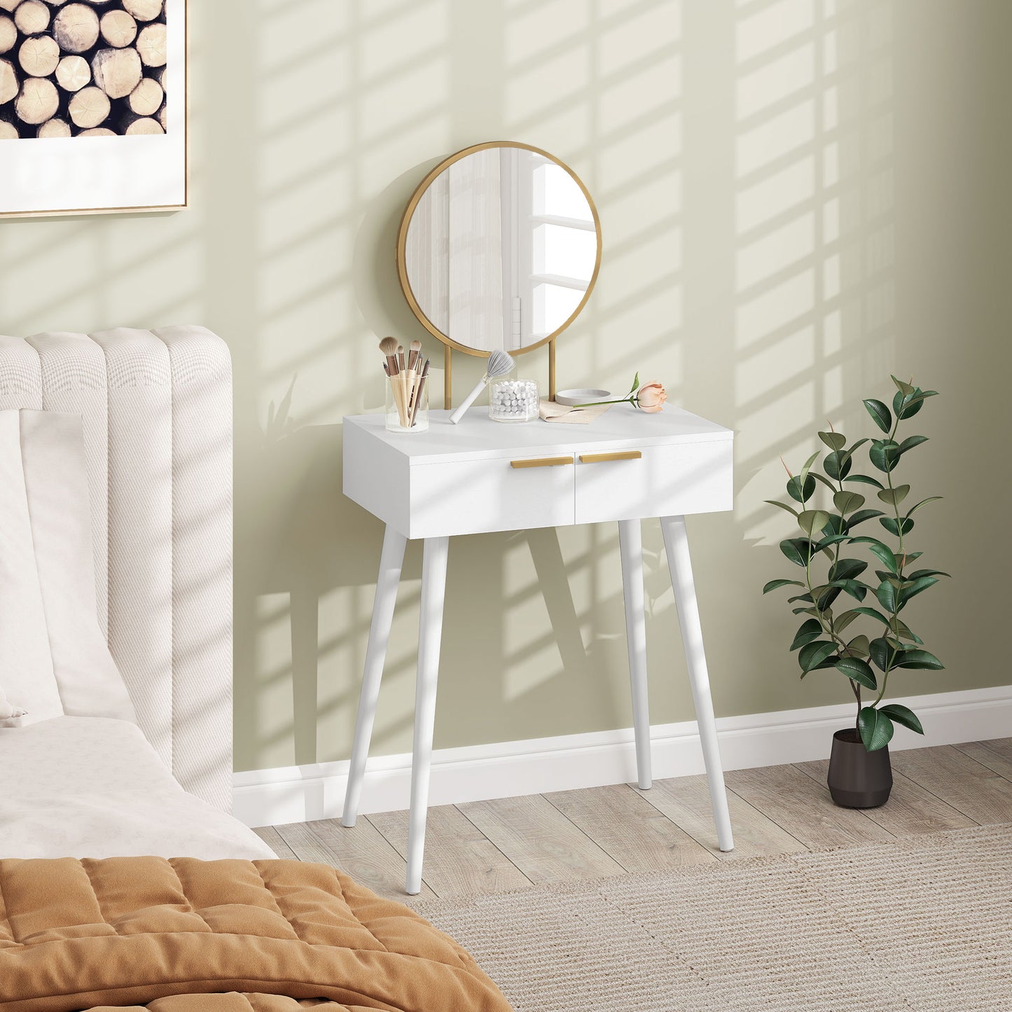 HOMCOM Elegant Dressing Table, with Round Mirror, 60 x 40 x 123 cm - White