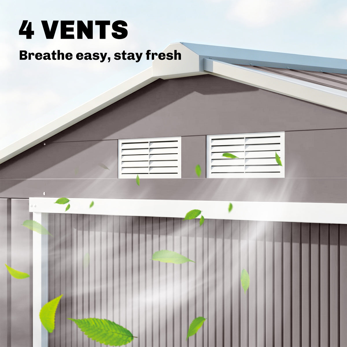 Outsunny metal shed with two white gable air vents and corrugated steel walls