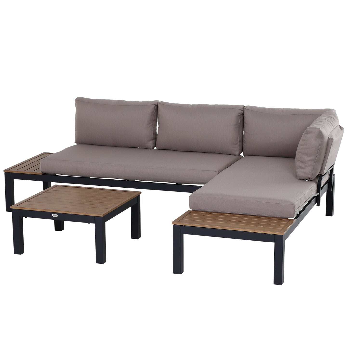 Photo of Outsunny 3 Pieces Garden Furniture Set, Aluminium 4 Seater Corner Sofa Set with 2 Loveseats, Coffee Table and Side Trays, Outdoor Conversation Furniture with Cushions for Garden, Black in Black colour on a white background