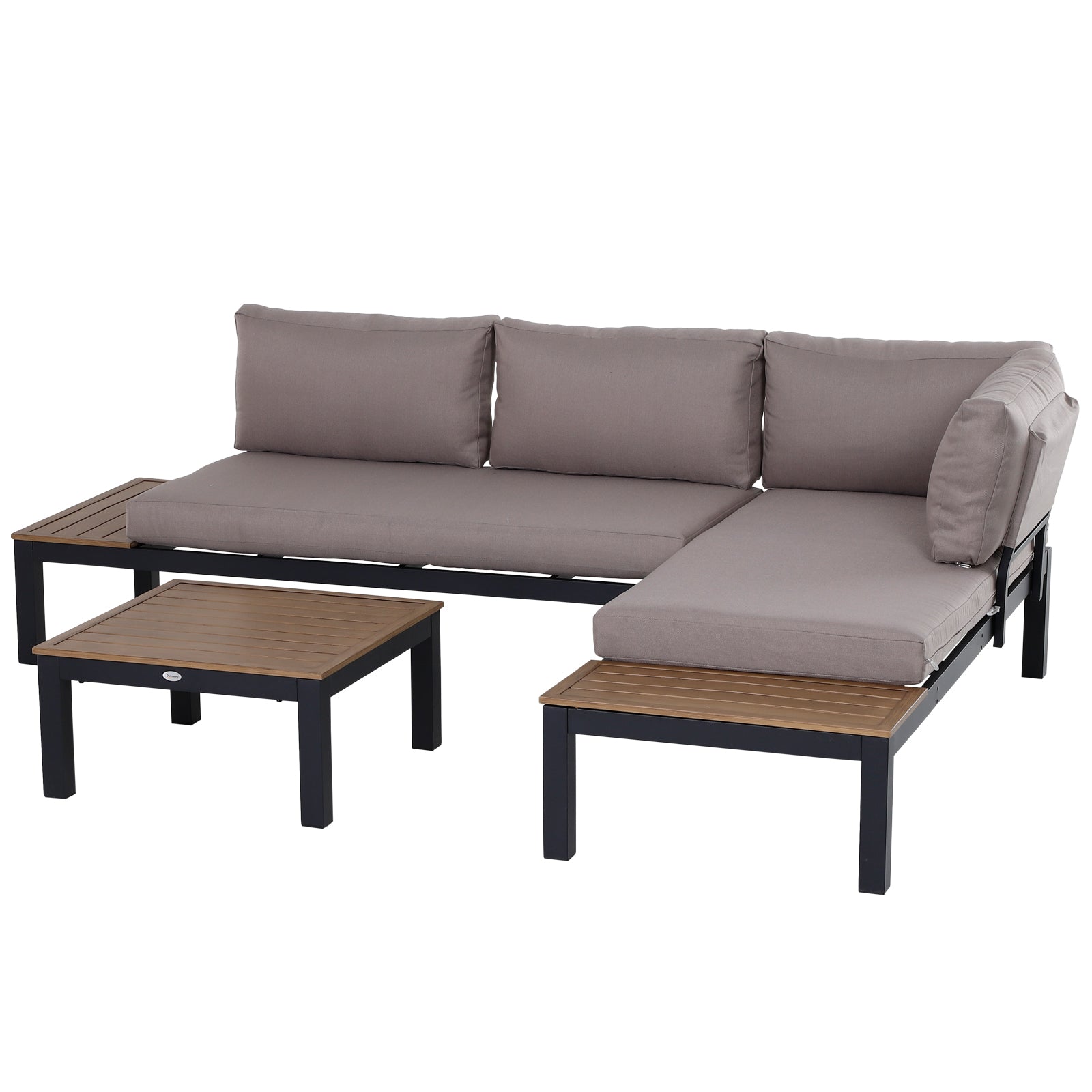 Photo of Outsunny 3 Pieces Garden Furniture Set, Aluminium 4 Seater Corner Sofa Set with 2 Loveseats, Coffee Table and Side Trays, Outdoor Conversation Furniture with Cushions for Garden, Black in Black colour on a white background